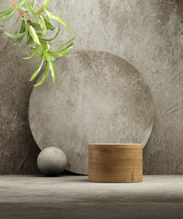 Pedestal for natural cosmetic product presentation. Stone and wood cylinders with plant leaves. 3d illustration.