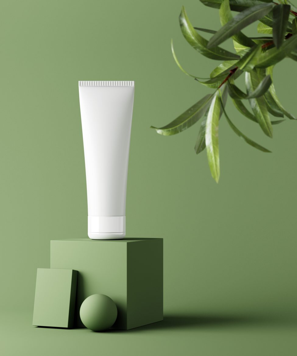 Natural cosmetic minimal stage for product presentation. Cosmetic jar podium and green leaf on monochrome background. 3d render.